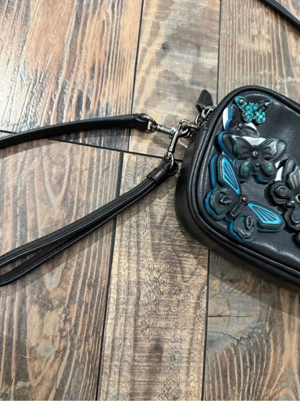 Coach Black Leather Crossbody with Multicolor Butterfly Appliqués